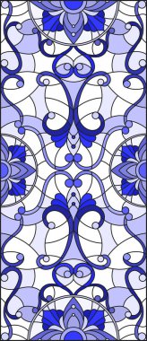 İllüstrasyon soyut swirls, vitray tarzında çiçekler ve hafif bir arka plan üzerinde dikey yönlendirme gama mavi yaprakları