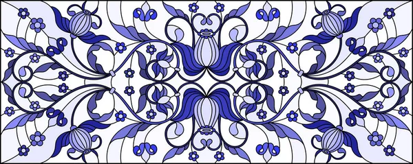 插图在彩色玻璃样式与抽象漩涡 花和叶子在轻的背景 水平取向伽玛蓝色 — 图库矢量图片