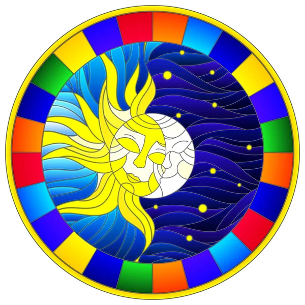 Иллюстрация Стиле Витража Абстрактное Солнце Луна Небе Круглое Изображение Яркой — стоковый вектор