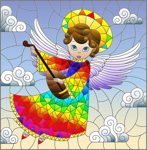 Illustration Målat Glas Stil Med Tecknad Rainbow Ängel Spelar Luta — Stock vektor