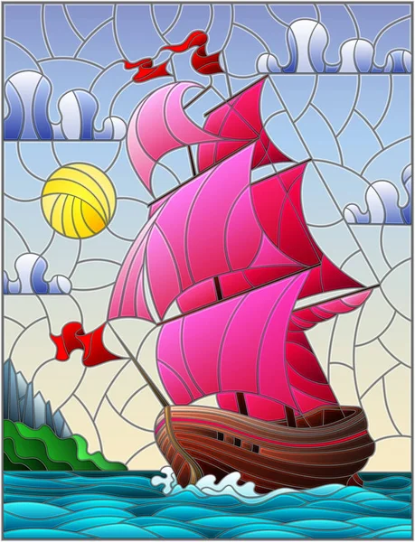 Illustration Stained Glass Style Sailboats Pink Sails Sky Sea Sunrise — Stock Vector