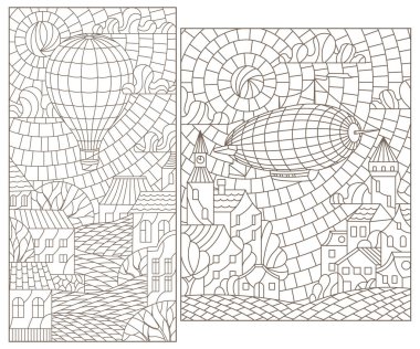 Bulutlu gökyüzüne ve güneşe karşı şehrin üzerinde uçan balonlar ve beyaz arkaplan üzerinde koyu renkli çizgiler olan boyalı cam şekilli çizimler.