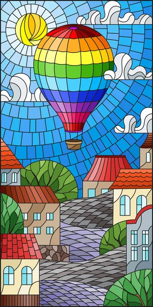 Ilustração Estilo Vitral Com Balão Arco Íris Brilhante Voando Sobre — Vetor de Stock