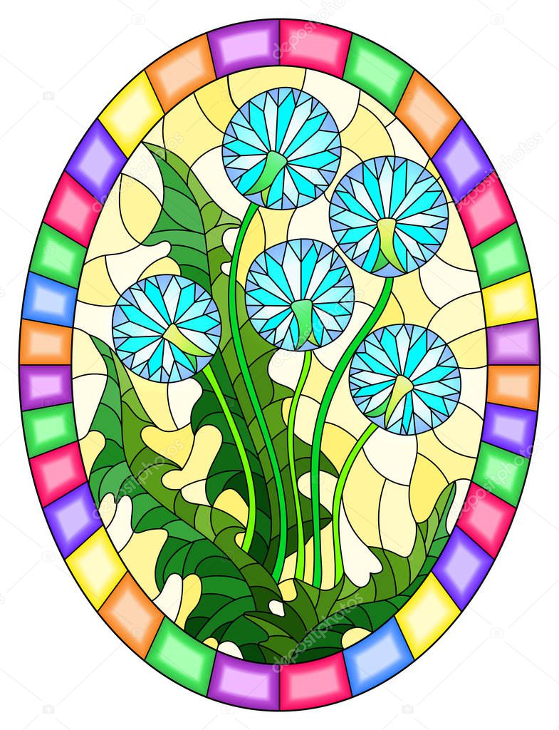 Illustration in stained glass style flower of  Taraxacums on a yellow background in a bright frame,oval  image