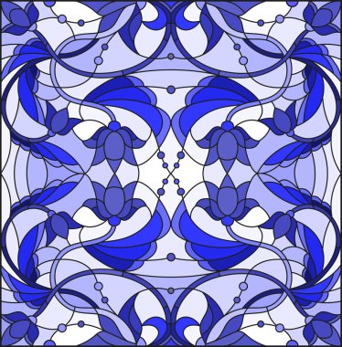 İllüstrasyon soyut swirls, vitray tarzında çiçekler ve hafif bir arka plan üzerinde mavi gama bırakır