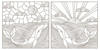 Dalgalar ve gökyüzü, beyaz bir arka plan üzerinde koyu anahat kontur illüstrasyonlar balinalar ile ayarlama