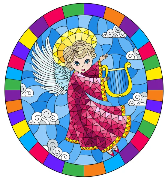 Illustratie Gebrandschilderd Glas Stijl Met Cartoon Roze Jurk Angel Harp — Stockvector
