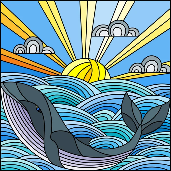 Illustrazione Vetro Colorato Balena Stile Nelle Onde Cielo Soleggiato Nuvole — Vettoriale Stock