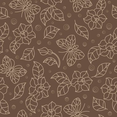 Basit çiçek ve kelebek, kahverengi bir arka plan üzerinde bej anahat ile Seamless modeli