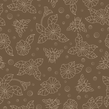 Seamless modeli bej anahat kahverengi bir arka plan üzerinde renkli arıları ve çiçeklerle,