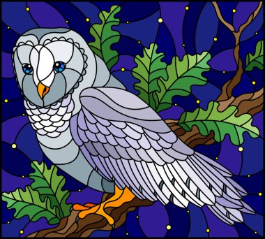 Vahşi baykuş meşe ve yıldızlı gökyüzü arka plan ağaç dalı oturan stiliyle vitray çizimde