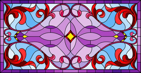 彩色玻璃样式的例证以抽象红色漩涡和叶子在紫色背景 水平方向 — 图库矢量图片