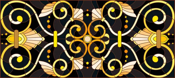 Иллюстрация Витражном Стиле Цветочным Орнаментом Имитация Золота Темном Фоне Вихрями — стоковый вектор