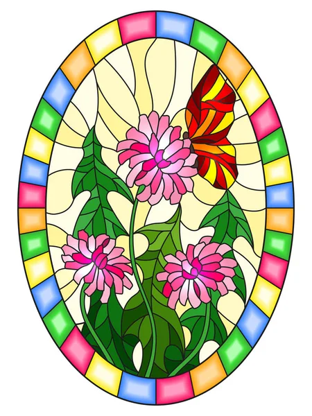 Ilustração Estilo Vitral Com Flores Rosa Borboleta Vermelha Fundo Amarelo — Vetor de Stock