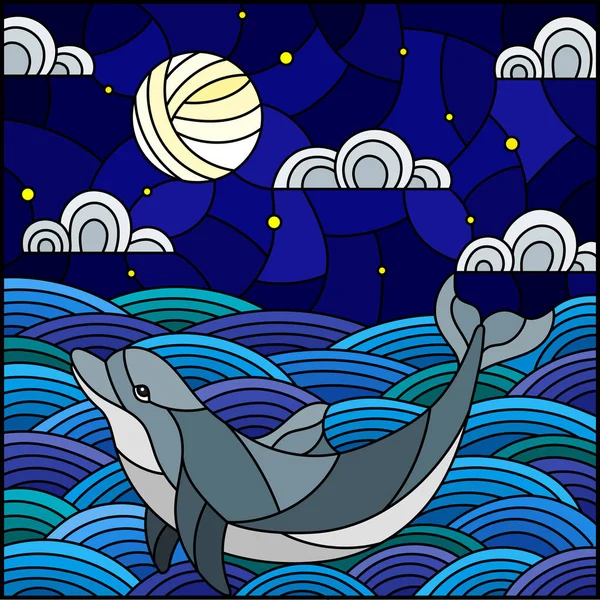 Illustration Glasmalerei Delphin Die Wellen Sternenhimmel Mond Und Wolken Quadratisches — Stockvektor