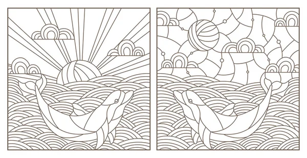 Establecer Ilustraciones Contorno Con Delfines Las Olas Cielo Contorno Oscuro — Archivo Imágenes Vectoriales