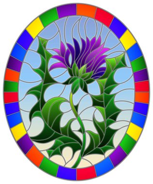 Vitray tarzı çiçek mavi bir arka plan üzerinde mor çiçek, parlak çerçeve içinde oval resim, resimde