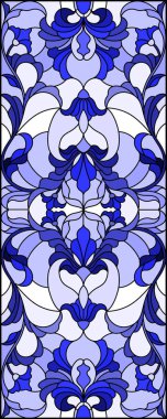 İllüstrasyon soyut swirls, vitray tarzında çiçekler ve hafif bir arka plan üzerinde dikey yönlendirme gama mavi yaprakları