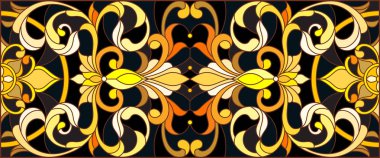 Çiçek süsleme stiliyle vitray, imitasyon altın swirls ve bitkisel motifler ile koyu arka plan üzerinde resimde