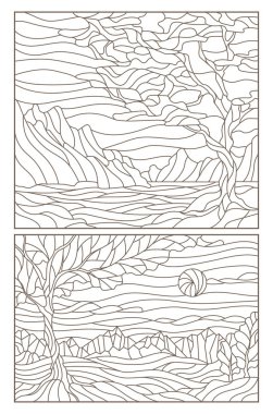 Manzaralı mozaik pencereler, beyaz arkaplan üzerindeki koyu renk hatlar.