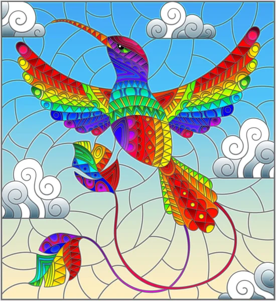 Szivárvány Absztrakt Kolibri Madár Repül Elleni Sky Clouds Ólomüveg Stílusosan — Stock Vector