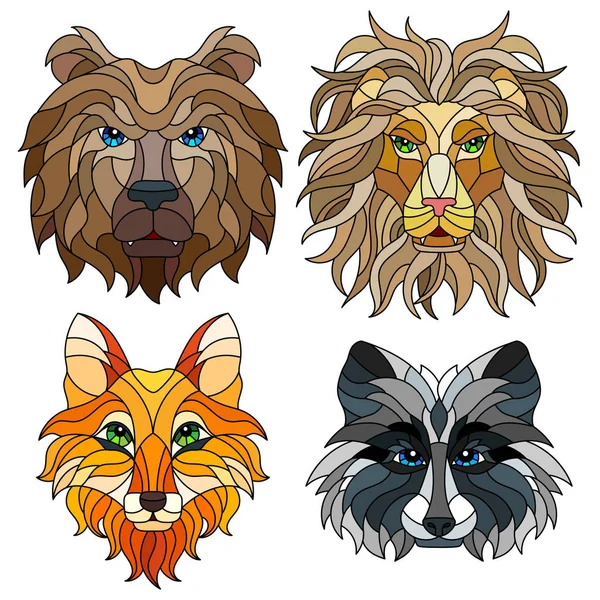 Ensemble Vitraux Des Vitraux Avec Têtes Animaux Renard Lion Ours — Image vectorielle