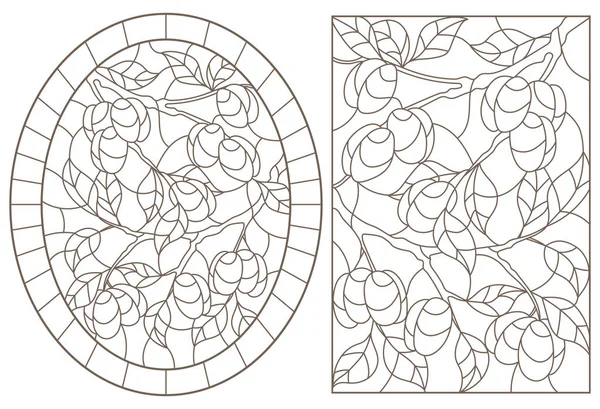 一套彩色玻璃窗户的等高线插图 有桃叶和果实树枝 圆形和长方形的图像 — 图库矢量图片