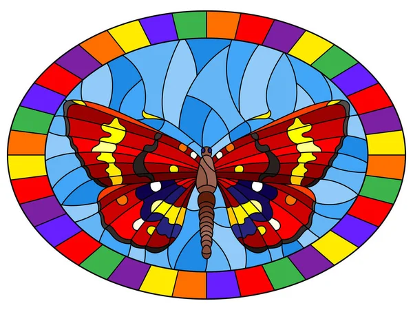 Illustratie Gebrandschilderd Glas Stijl Met Heldere Rode Vlinder Een Blauwe — Stockvector