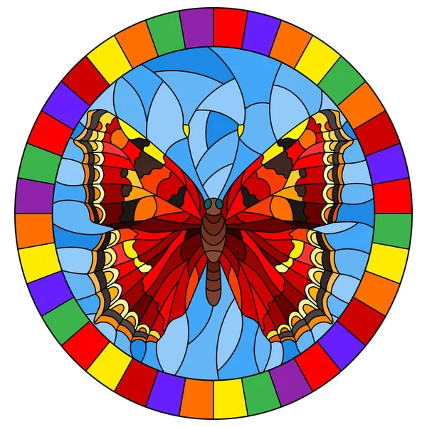 青色の背景に明るい赤い蝶 ブライト フレームのオーバル画像ステンド グラス スタイルのイラスト — ストックベクタ