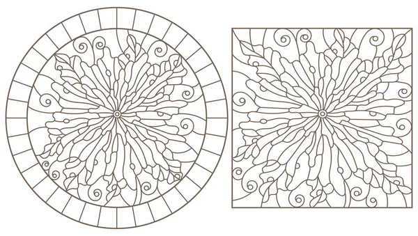 Ensemble Illustrations Contours Vitrail Avec Des Fleurs Image Ovale Rectangulaire — Image vectorielle