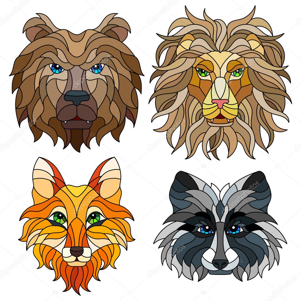 A set of stained glass items, stained glass with animal heads, a Fox, a lion, a bear and a raccoon, isolates on white background