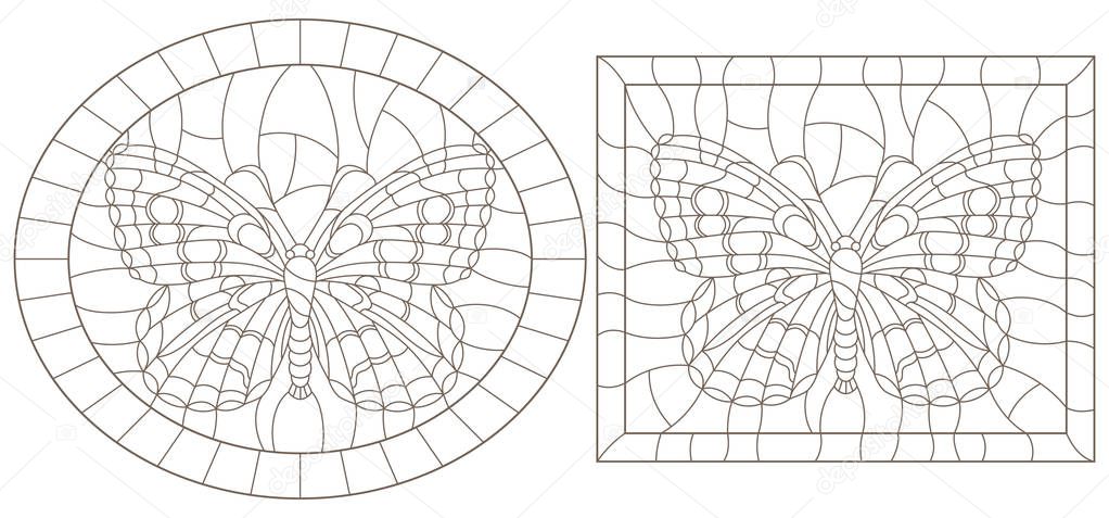 Contour set of illustrations of stained glass with butterflies , dark outline on a white background,rectangular and oval image