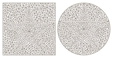 Dekoratif merdivenler yıldız, beyaz bir arka plan üzerinde koyu konturlar, yuvarlak ve dikdörtgen görüntü ile kontur çizimleri kümesi
