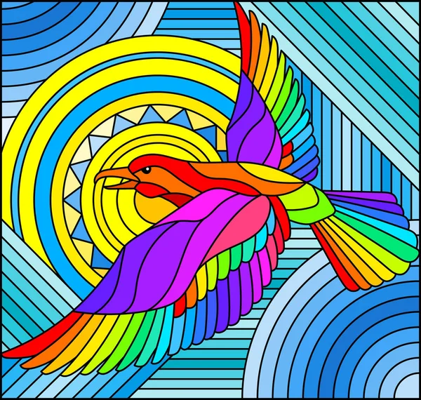 Illustration Glasmalereistil Mit Abstrakten Geometrischen Regenbogenvogel Und Der Sonne Auf — Stockvektor