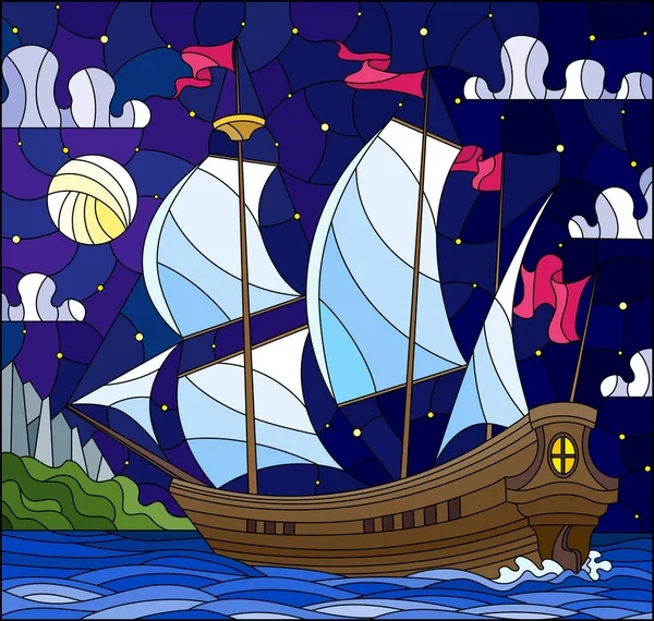 Illustration Glasmalereistil Mit Segelbooten Mit Hite Segeln Gegen Den Sternenhimmel — Stockvektor