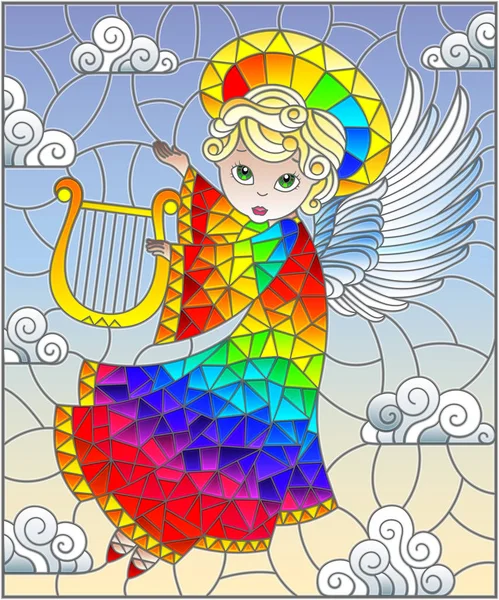 Ilustrace Vitráže Stylu Karikatura Duhový Anděl Hrající Harfu Proti Zatažené — Stockový vektor