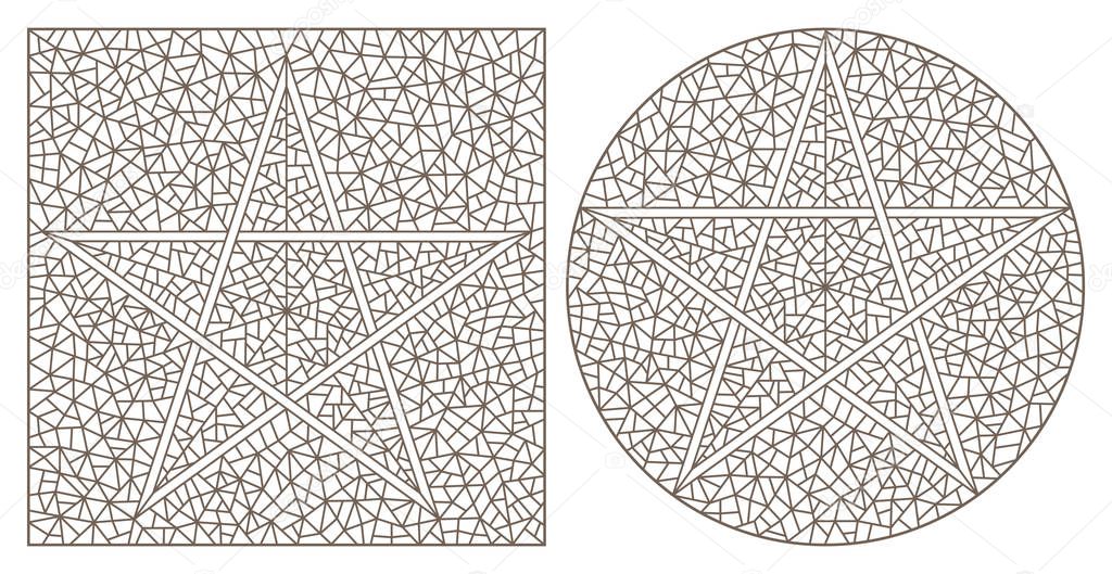 Set of contour illustrations of stained-glass Windows with stars, dark contours on a white background, round and rectangular image