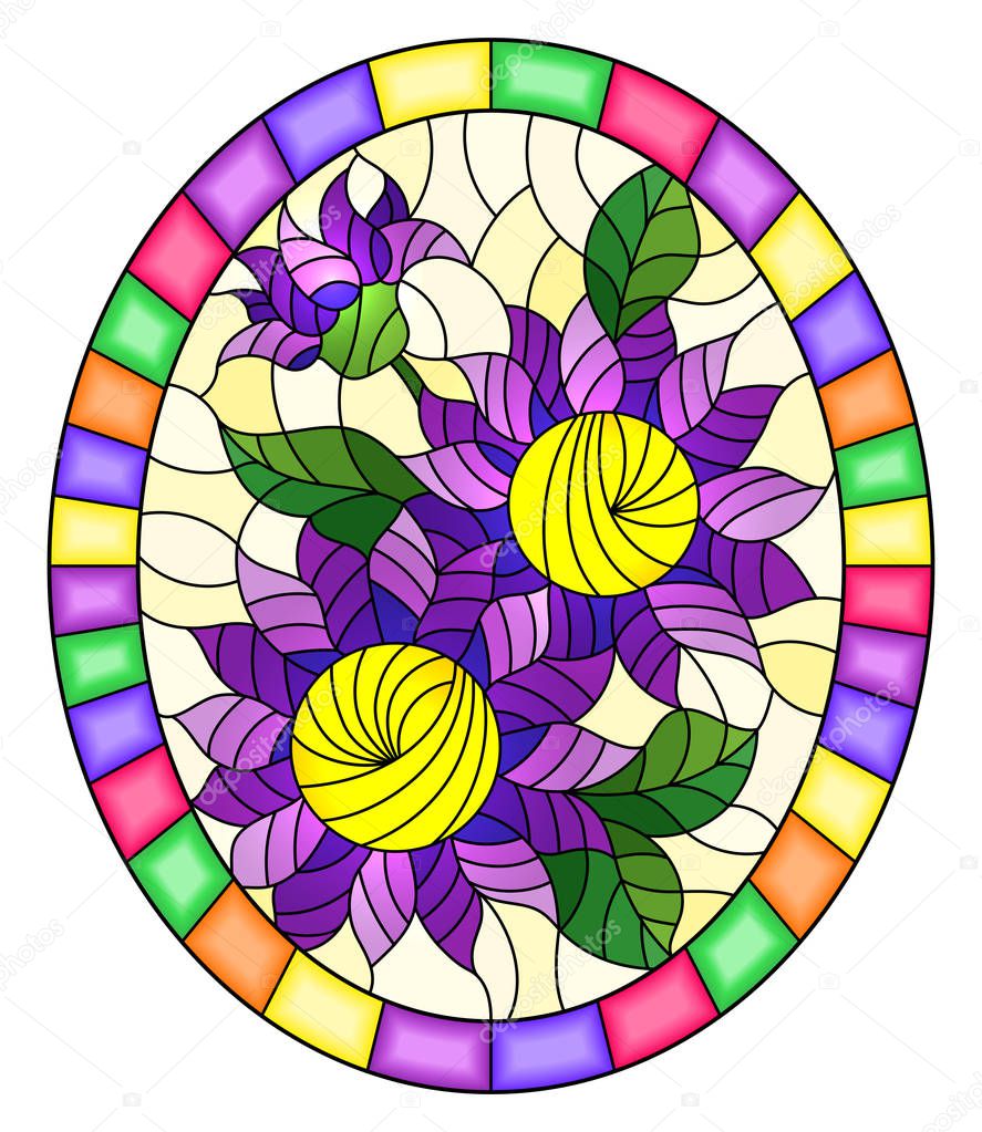 Illustration in stained glass style with a bouquet of a plant with purple flowers on a yellow background in a bright frame, oval image