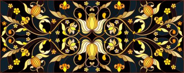 Çiçek süsleme stiliyle vitray, imitasyon altın swirls ve bitkisel motifler ile koyu arka plan üzerinde resimde