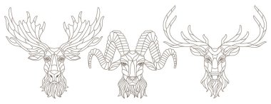 Kontur vitray öğeleri kümesi kafalı boynuzlu hayvanlar, geyik, geyik ve koyun, beyaz zemin üzerine koyu konturlar