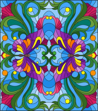 Vitray stil parlak kelebekler, çiçekler ve yapraklar, mavi bir arka plan ile resimde