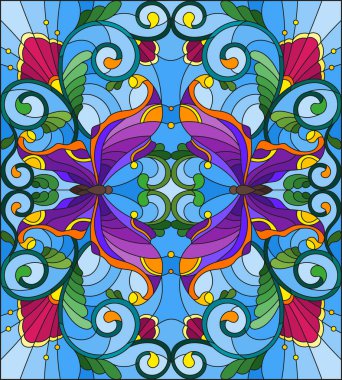 Vitray stil parlak kelebekler, çiçekler ve yapraklar, mavi bir arka plan ile resimde