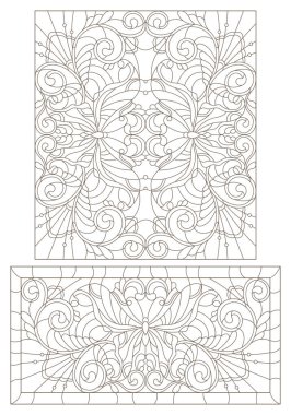 Kelebekler ve çiçekler, beyaz bir arka plan üzerinde koyu konturlar ile Windows vitray kontur resimler ayarla