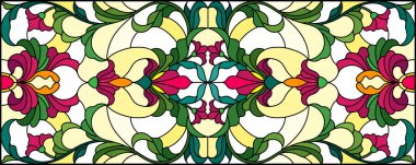 Soyut girdapları, çiçekleri ve yaprakları sarı arka planda, yatay yönelimli, boyalı cam tarzında resimleme