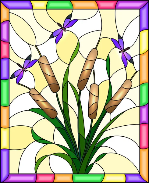 Ilustración Estilo Vitral Con Ramo Bulrush Libélulas Púrpuras Sobre Fondo — Vector de stock