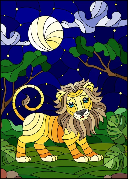 Illustration Stained Glass Style Cute Lion Background Green Trees Starry — Stock Vector