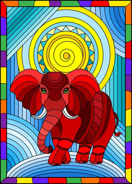 Ilustração Estilo Vitral Elefante Geométrico Vermelho Abstrato Sobre Fundo Azul —  Vetores de Stock