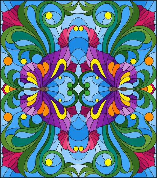 Ilustración Estilo Vitral Con Mariposas Brillantes Flores Hojas Sobre Fondo — Vector de stock