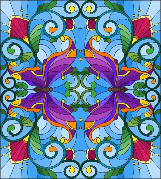 Vitray stil parlak kelebekler, çiçekler ve yapraklar, mavi bir arka plan ile resimde