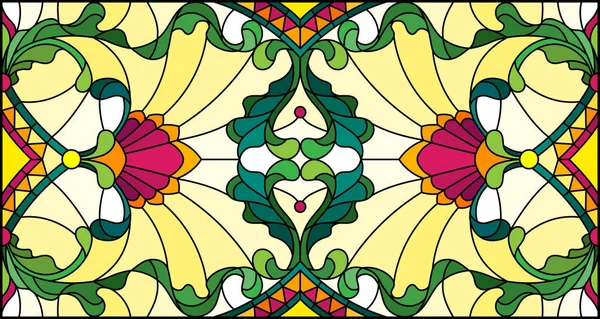 Illustration Vitrail Avec Tourbillons Abstraits Fleurs Feuilles Sur Fond Jaune — Image vectorielle